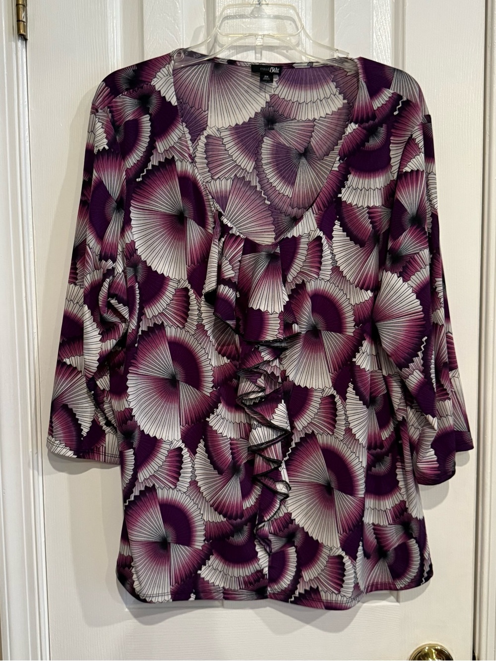 East 5th Purple and White Fan-Print Ruffle Front Top-2X